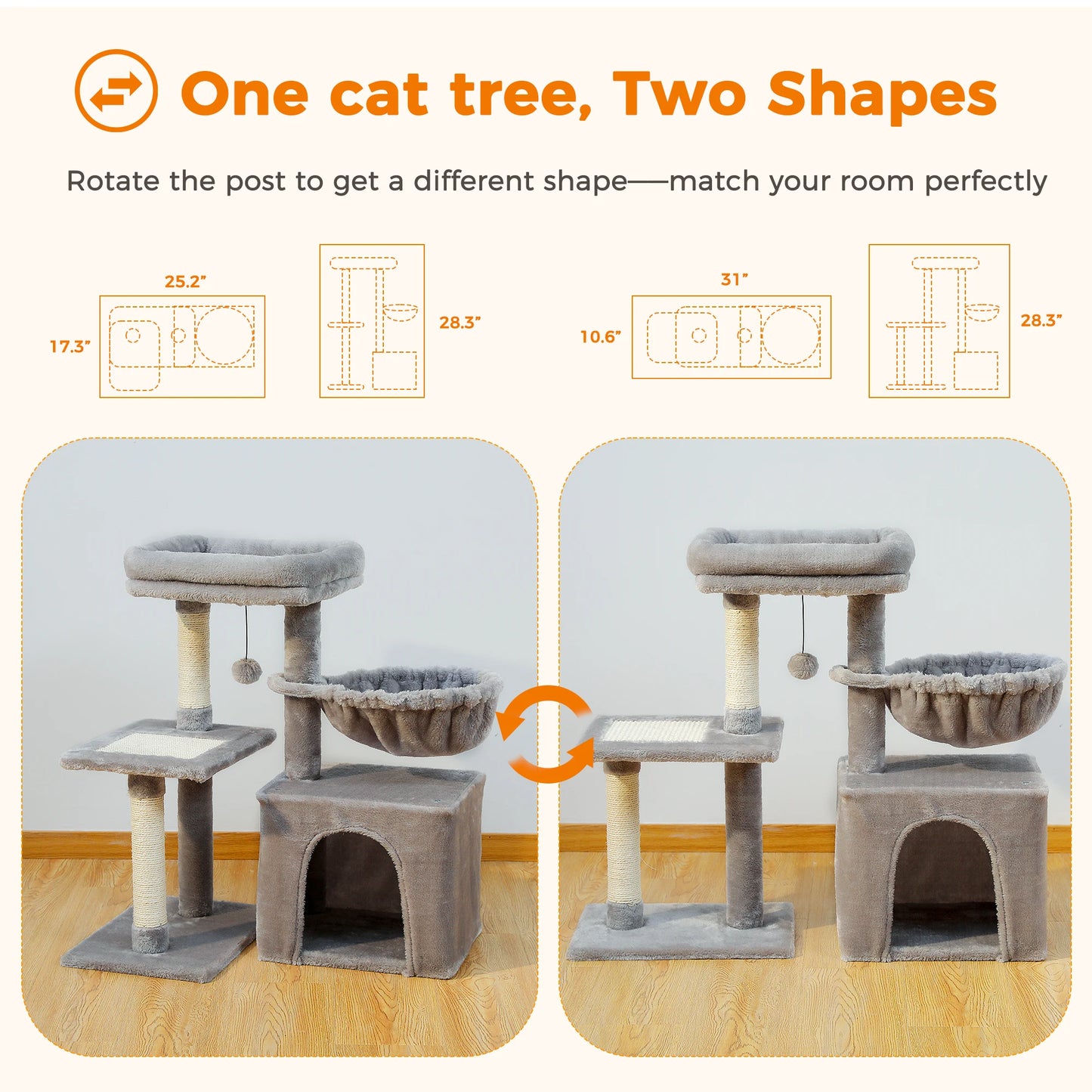 Árbol rascador premium 3-en-1: transformable, sisal, nido y hamaca de lujo