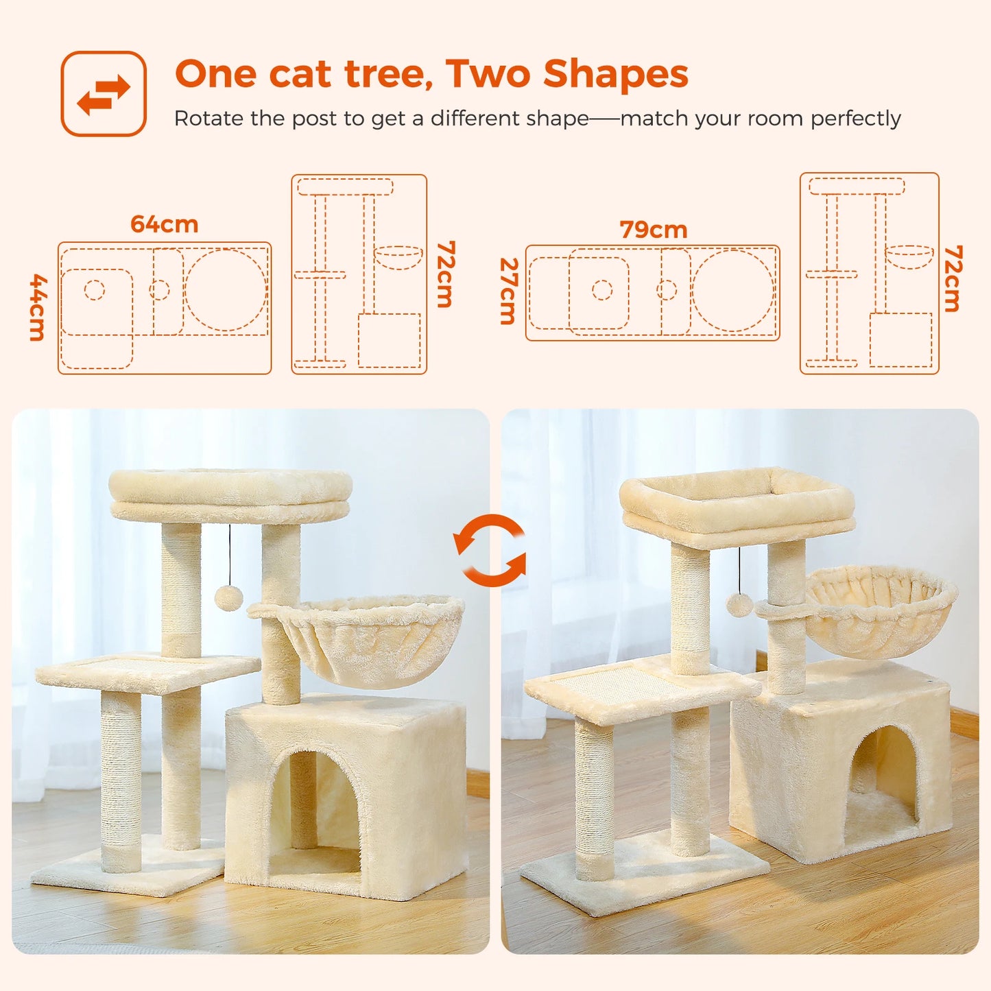 Árbol rascador premium 3-en-1: transformable, sisal, nido y hamaca de lujo