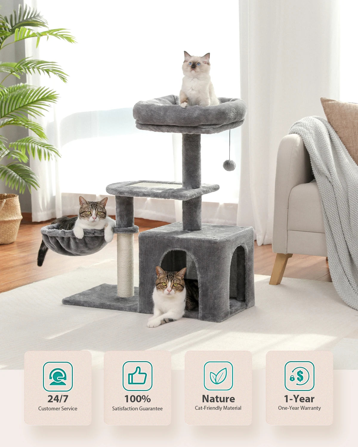 Árbol rascador premium 3-en-1: transformable, sisal, nido y hamaca de lujo