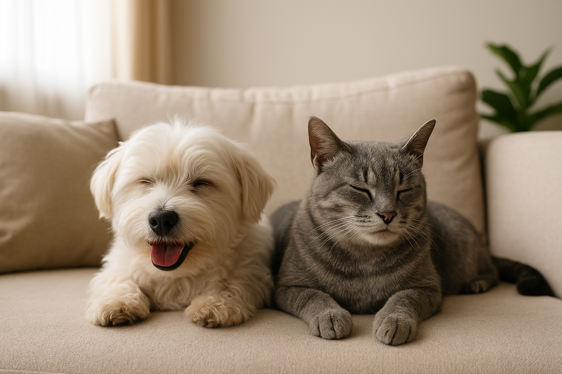 Perro y gato relajados en casa, imagen de calma y bienestar para artículo sobre cómo reducir el estrés en mascotas – FurBud's.