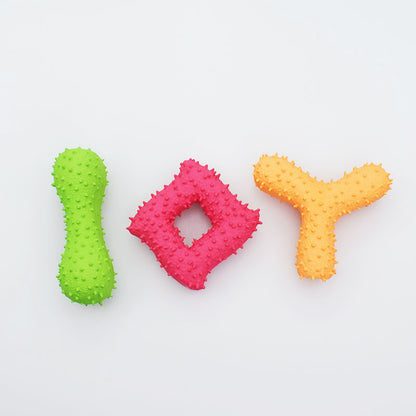 Juguete de látex para perros - Hueso con púas, cubo, cactus con chirridos para limpieza dental.